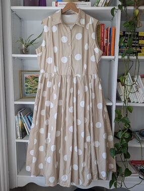 Sleeveless Midi Dress Fit & Flare Cream White Polka Dots XL Retro Party Summer